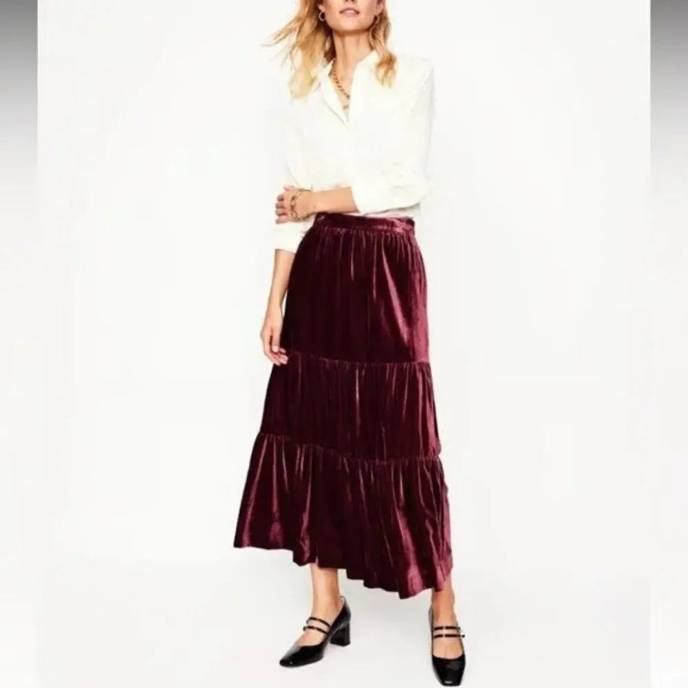 Boden Womens Maxi Skirt US 20 22 Burgundy Viv Velvet Tiered High Waist R0671 NWT
